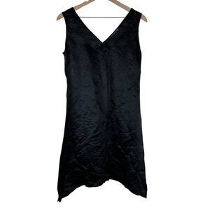 NWT Nuthatch Black Satin Silk Linen V-Neck Asymmetrical Hem Dress